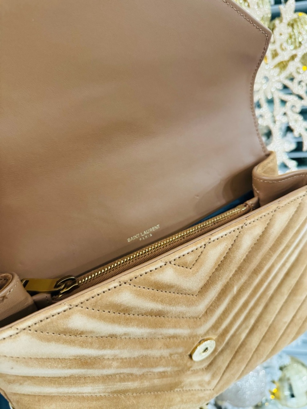 Yves Saint Laurent Tan Suede Quilted Chain Satchel with Gold Hardware - Picture 2 of 9